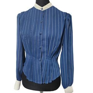 Vintage Secretary Blouse Size 9 10 Blue White Stripe Shirt Top Secretarycore Y2K